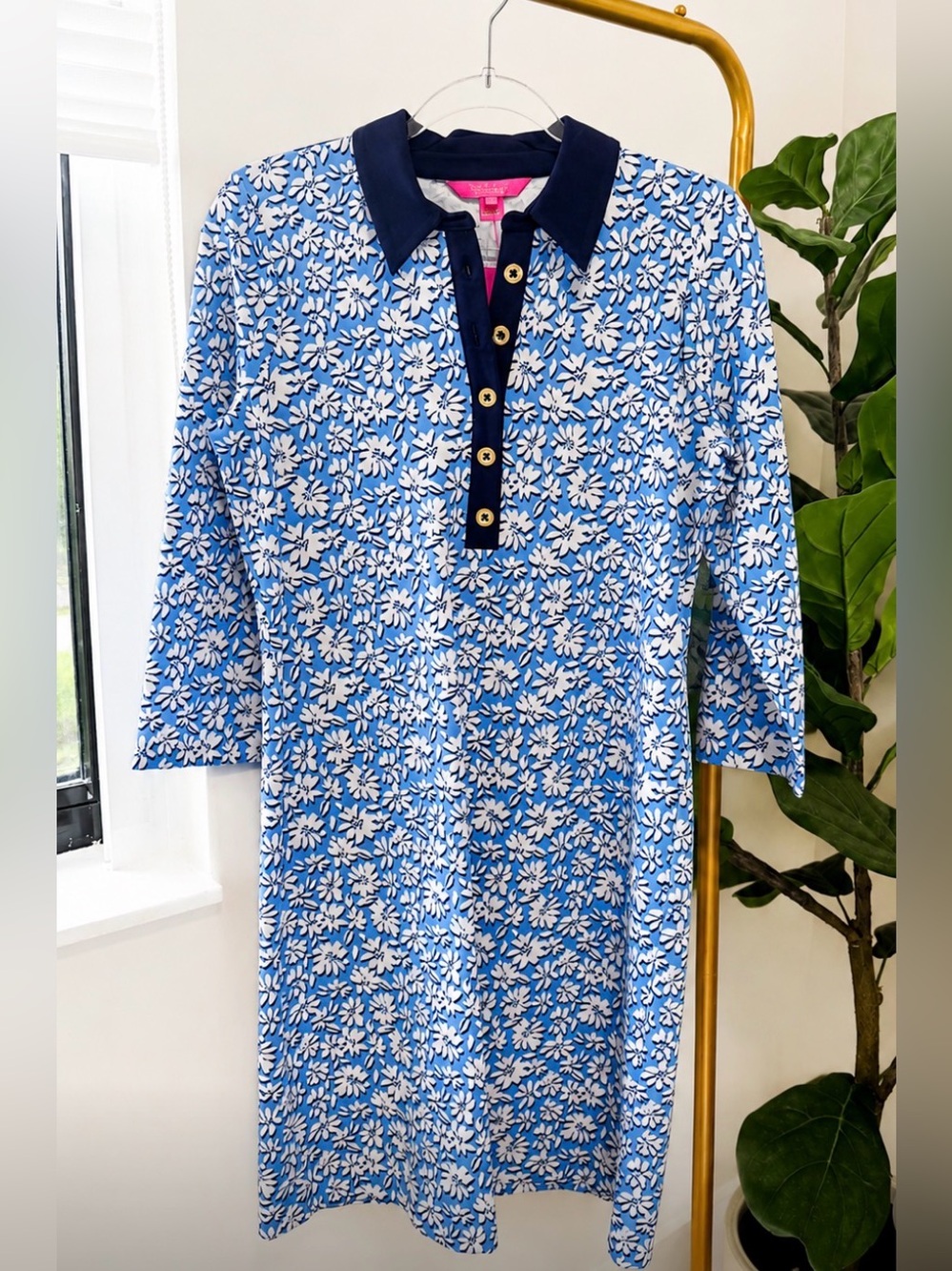 NWT Lilly Pulitzer Blue Floral Collared Shift Dress Size M - Picture 2 of 4